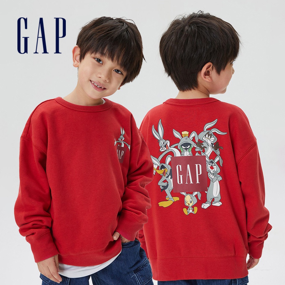 Gap 男童裝 Gap x Warner Bros聯名 Logo兔八哥印花刷毛大學T-紅色(521603)