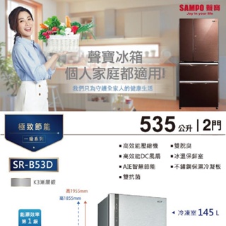 【SAMPO 聲寶】535公升一級能效AIE全平面銅板系列變頻雙門冰箱(SR-B53D-K3)