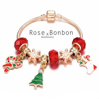 聖誕節手環手鍊 潘朵拉風格 鑲鑽聖誕樹 雪花 糖果禮物襪吊墜串珠飾品 交換禮物Rose Bonbon