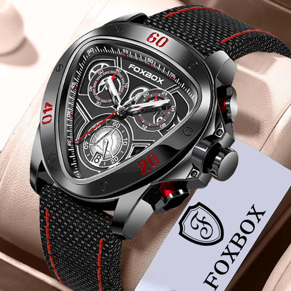 Foxbox 男士時尚手錶創意皮革休閒運動計時碼表多功能頂級品牌石英夜光防水手錶+BOX