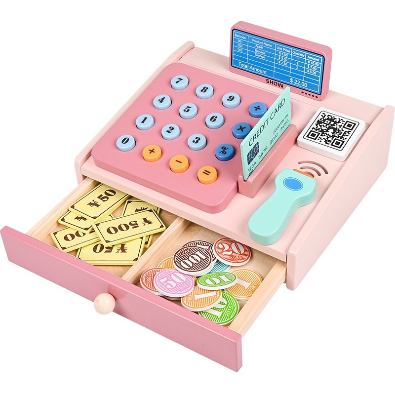 寶寶木製過家家積木 收銀機工具玩具 刷卡驗鈔數字玩具 啟蒙認知遊戲 益智玩具