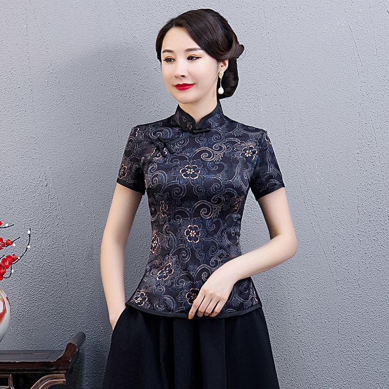 中國風唐裝上衣女短袖夏季薄款中老年媽媽裝改良旗袍式上衣兩件套