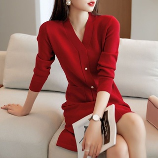 【F-store】2022秋冬季新款法式復古長袖v領韓版緊身顯瘦中長款針織洋裝女