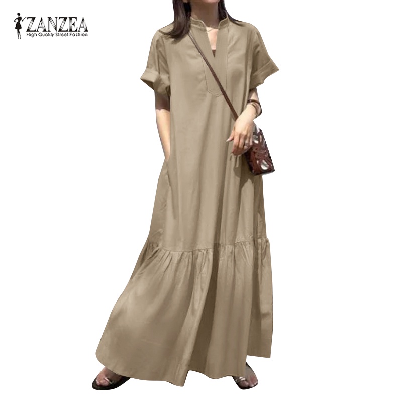 Zanzea 女士時尚度假休閒 V 領荷葉邊下裝純色連衣裙