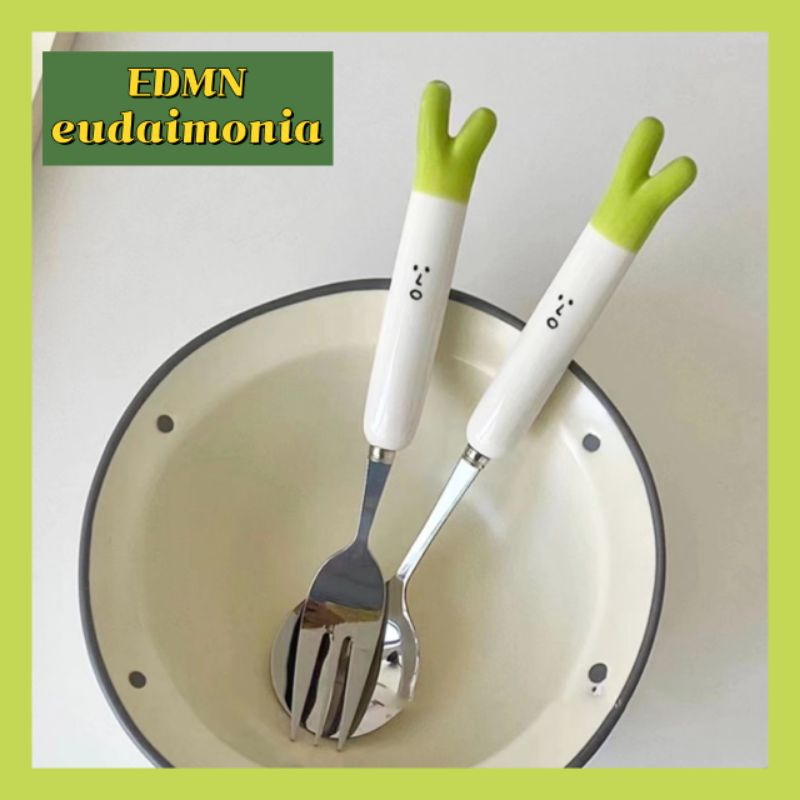 【EDMN】餐具 附贈收納盒！創意餐具套組 可愛大蔥湯匙叉子 304不鏽鋼餐具 陶瓷柄