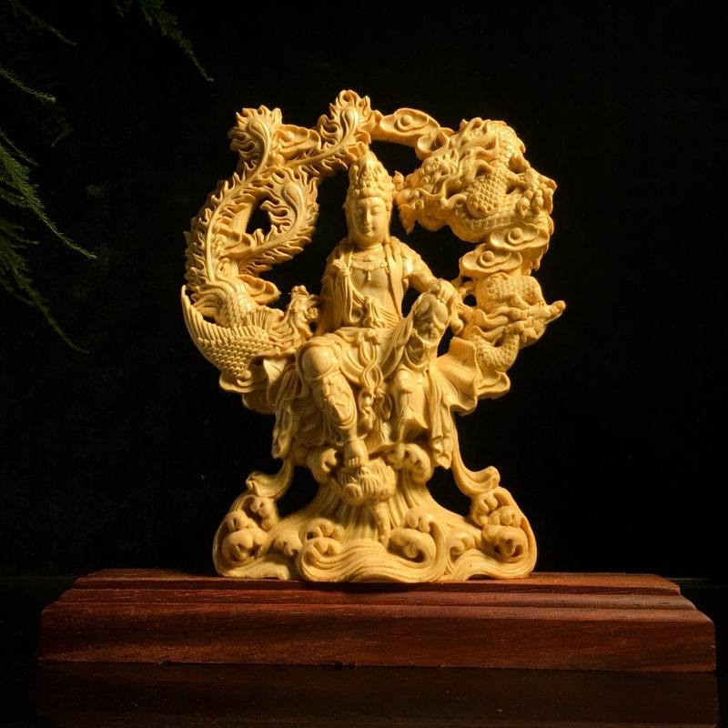【招來好運水晶】黃楊木雕龍鳳呈祥自在觀音擺件 實木雕刻菩薩佛像工藝品