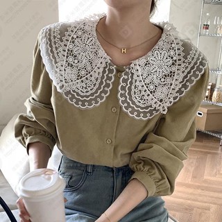 ✿法式氣質感秋季新款蕾絲娃娃領燈芯絨泡泡長袖襯衫女裝上衣#AJE