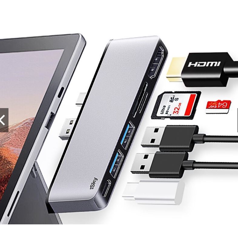 iSky微軟Surface Pro7擴展塢USB-C轉換器USB高速傳輸轉接頭HDMI頻道投影同屏轉換線轉換口平板筆記本