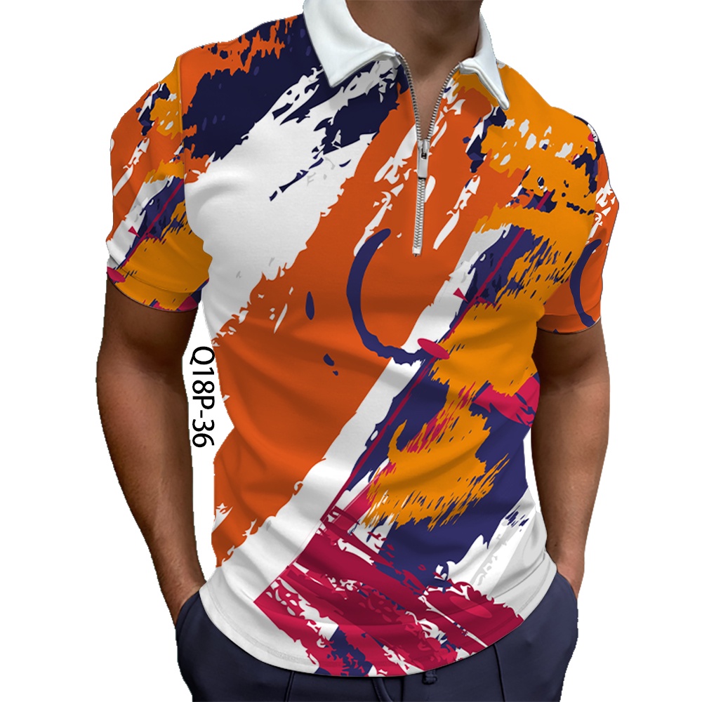 （工廠直銷）男士精品短袖拉鍊polo衫聚酯纖維舒適透氣上衣2023新款3D數位列印運動風格T恤