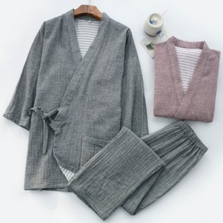 [蘭盛居家]日本簡約睡衣褲 男女春秋季浴衣 加密純棉紗布汗蒸和服情侶家居服套裝