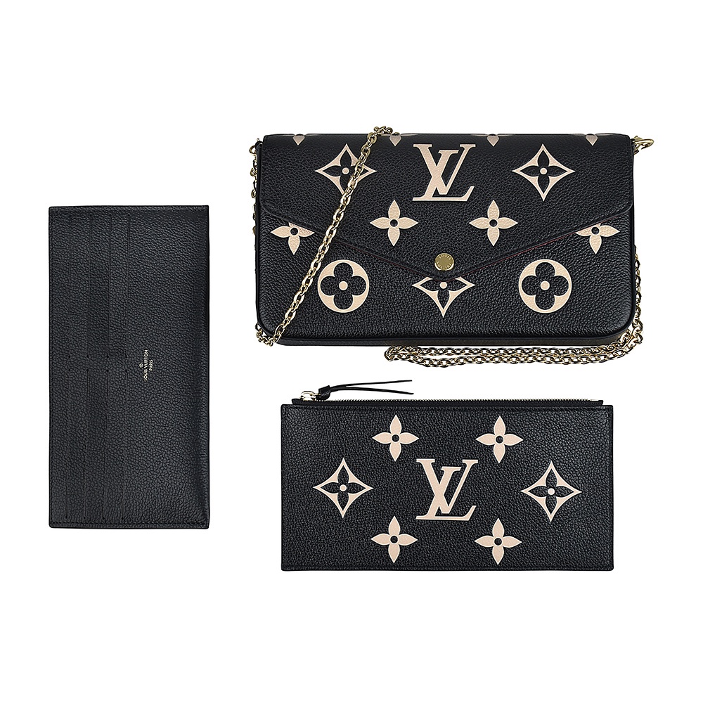 LV M80482 FELICIE POCHETTE壓花LOGO Monogram牛皮扣式鏈帶斜背包(黑x米)