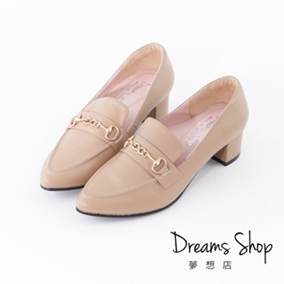 DREAMS SHOP 寬楦氣墊_MIT真皮水鑽馬銜釦尖頭低跟樂福鞋 奶茶【PW922】大尺碼女鞋37-45