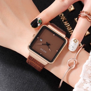 Guo GUOU時尚女士手錶咖啡錶帶日曆簡約個性方形手錶氣質女