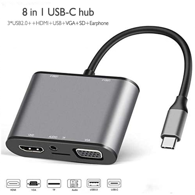 Usb C 集線器 8 合 1 Type C 轉 HDMI 兼容 VGA PD TF 3.5MM USB3.0 Usb2