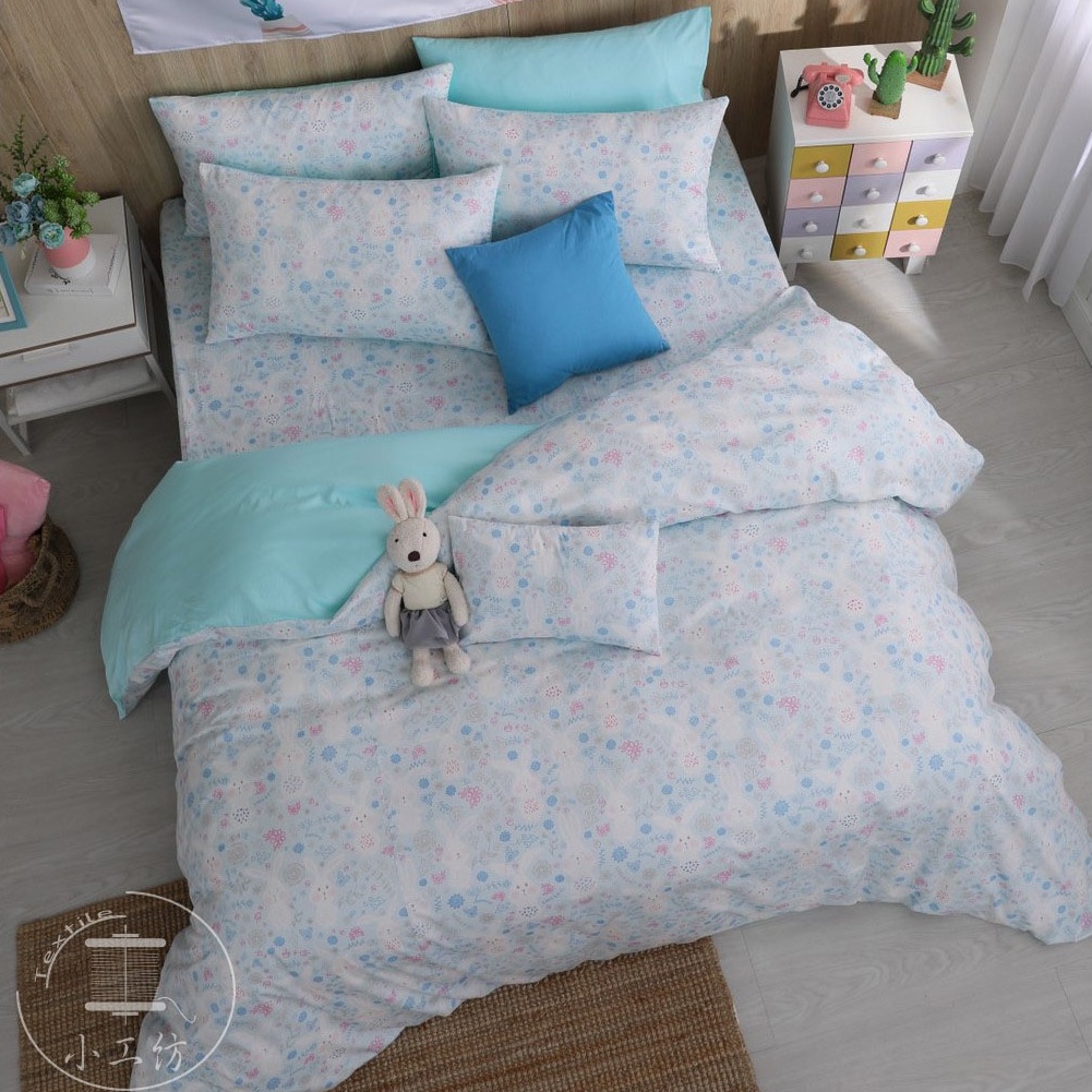 邦尼花園藍-床包枕套/兩用被 60支純棉-300織新疆棉(床內束升級加高37cm適用於33公分高以內床墊)