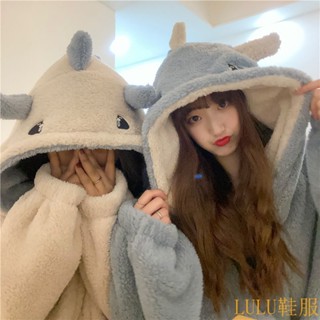 【LULU服飾專區】加厚睡衣套裝女2022鞦鼕可愛恐龍連帽中長款睡袍+睡褲寬鬆傢居服