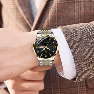 時尚百搭防水男錶腕錶日曆星期錶盤水鑽夜光指針蝴蝶扣錶帶石英機芯型男紳士手錶