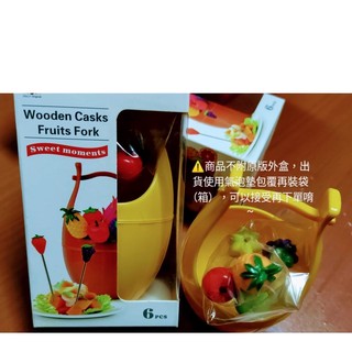 全新*Wooden Casks Fruits Fork迷你桶裝水果叉子6PCS