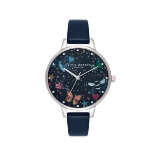 Olivia Burton Night Garden繽紛黑夜空銀殼深藍色皮帶腕錶-34mm(OB-OB16WG86)