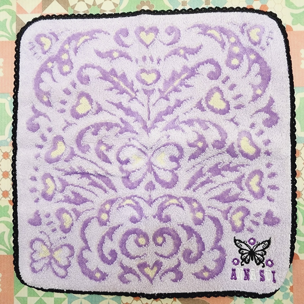[斷捨離] 全新手帕 日本製 ANNA SUI 紫色系 AN6010M 蝴蝶 愛心 圖騰 黃色點綴