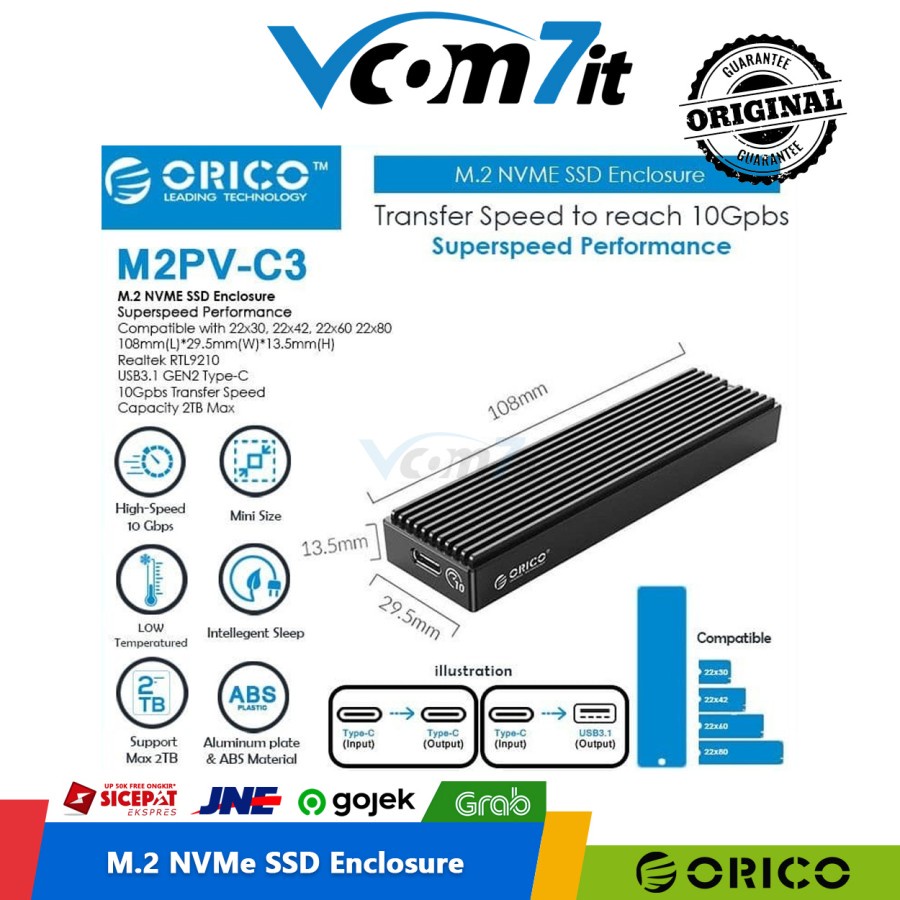 Originalco M2PV-C3 SSD 外殼 M.2 NVMe 外殼 M2 PCIe USB 3.0