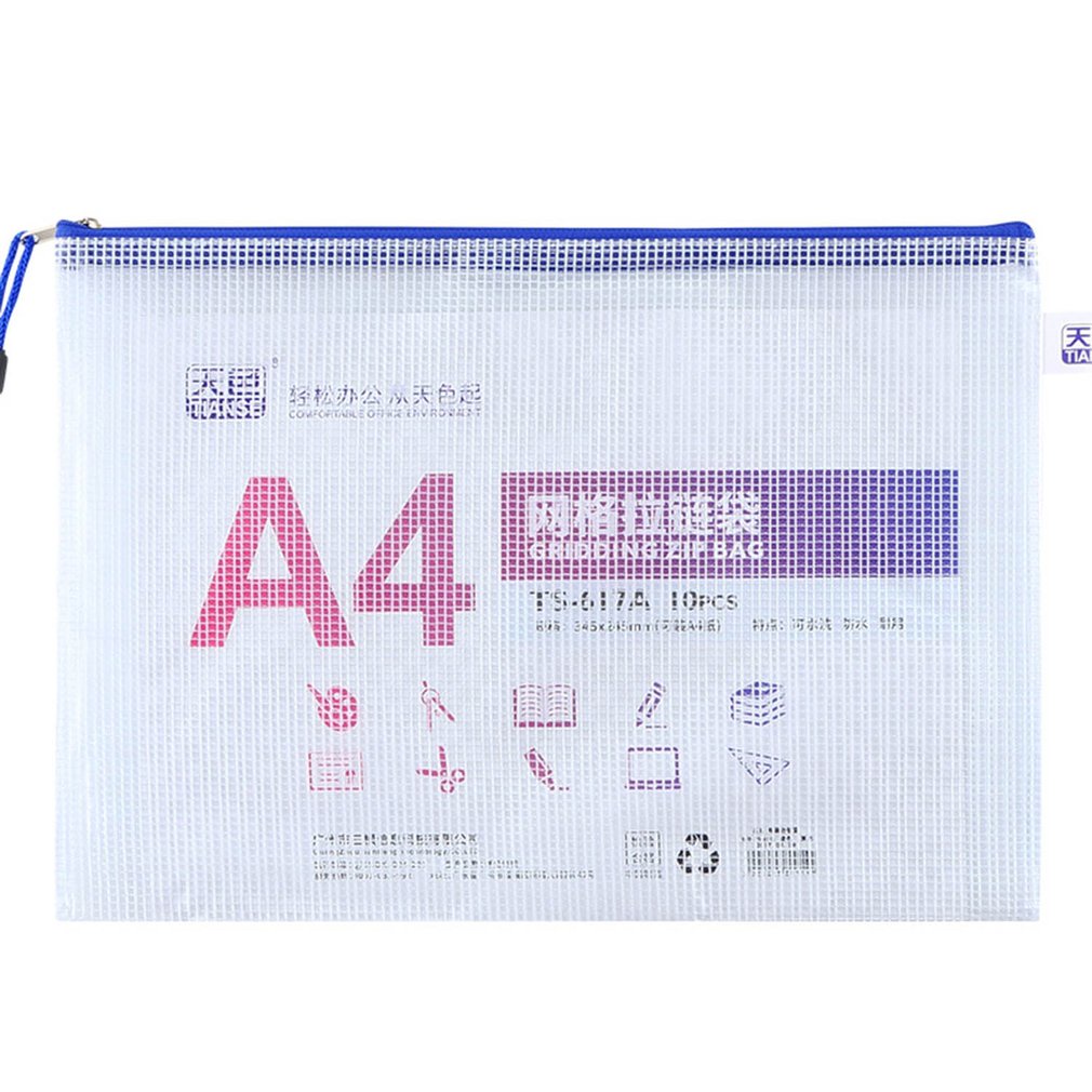 Tianse 加厚 A4 文件袋網格透明拉鍊袋防水 PVC 10 件