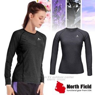 【美國 North Field】女新款 圓領彈性透氣快乾薄長袖排汗衣/休閒運動.登山健行旅行 魅力黑 3200