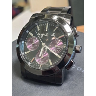 agnes b 經典熱銷 紫色魔力時尚三眼中性腕錶-38mm/ V654 二手
