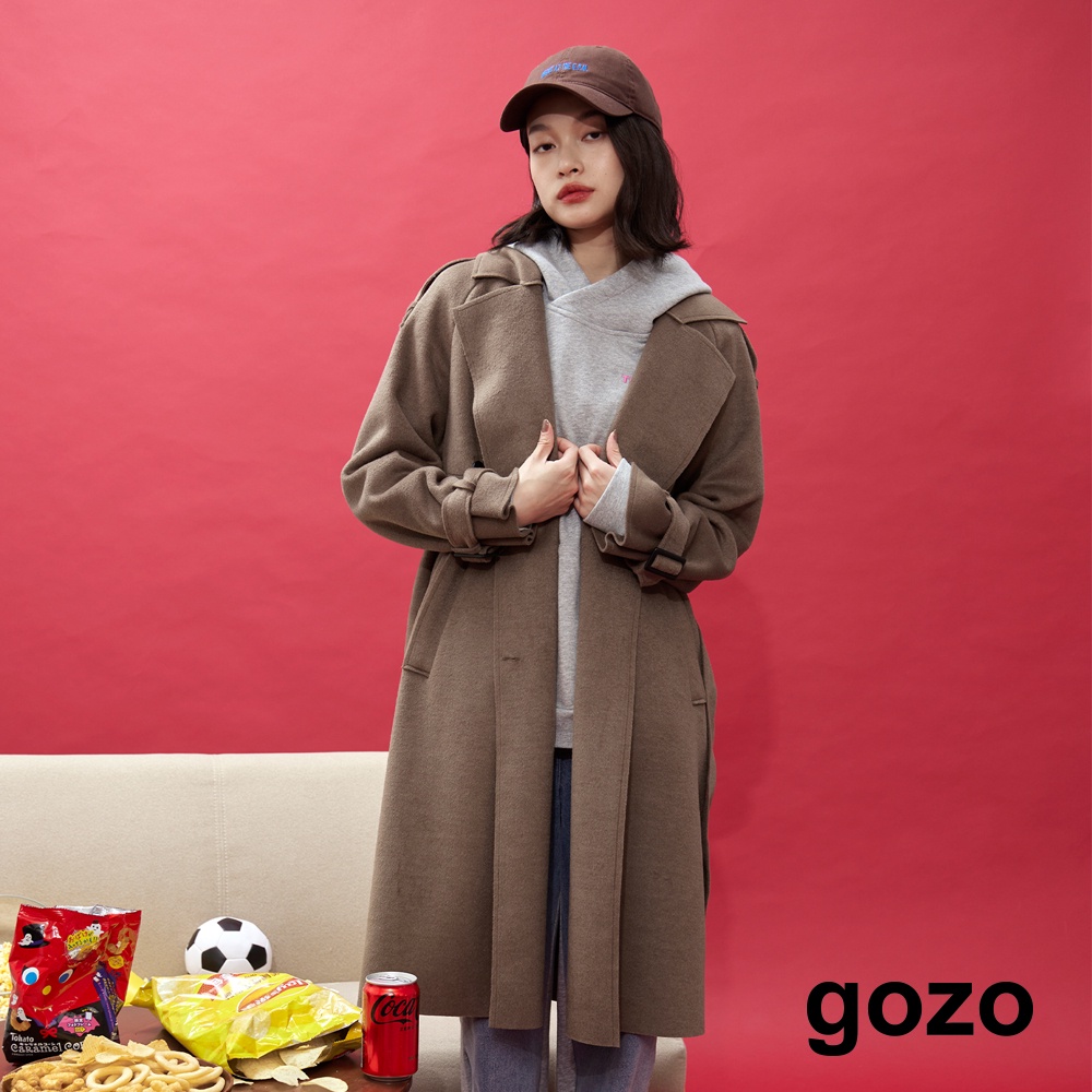 【gozo】◢雙排釦西裝領綁帶長版大衣外套(黑色/深綠_F)｜最新 顯瘦 百搭