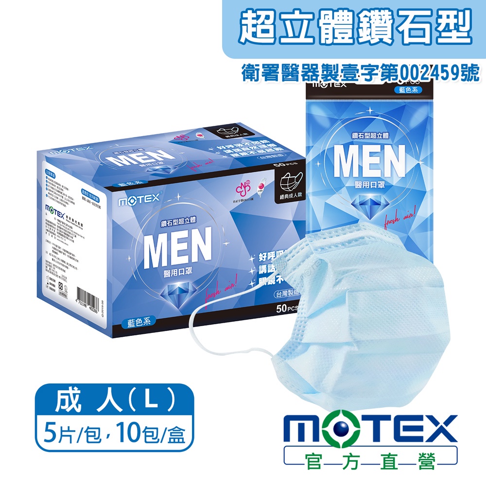 【MOTEX 摩戴舒】鑽石型超立體醫用口罩 經典成人款 藍色系(5片/包，共8包，40片)