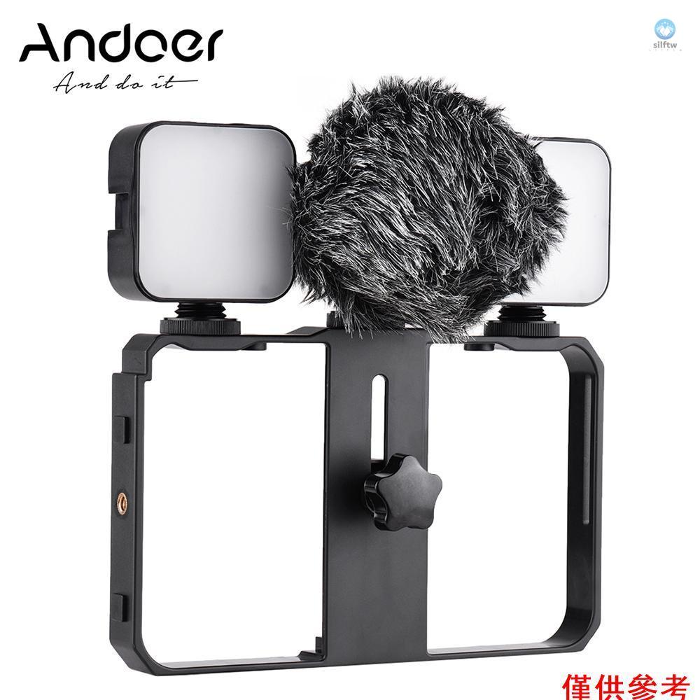 Andoer 智能手機視頻籠套件包括 2 個迷你 LED 補光燈 + 帶防震架的迷你麥克風 + 手持智能手機