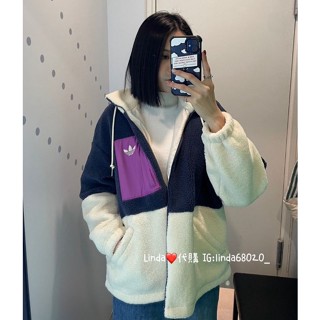 Linda❤️代購 ADIDAS OG 運動外套 絨毛 撞色 保暖 立領 抽繩 女款 米 藍紫 HR3455