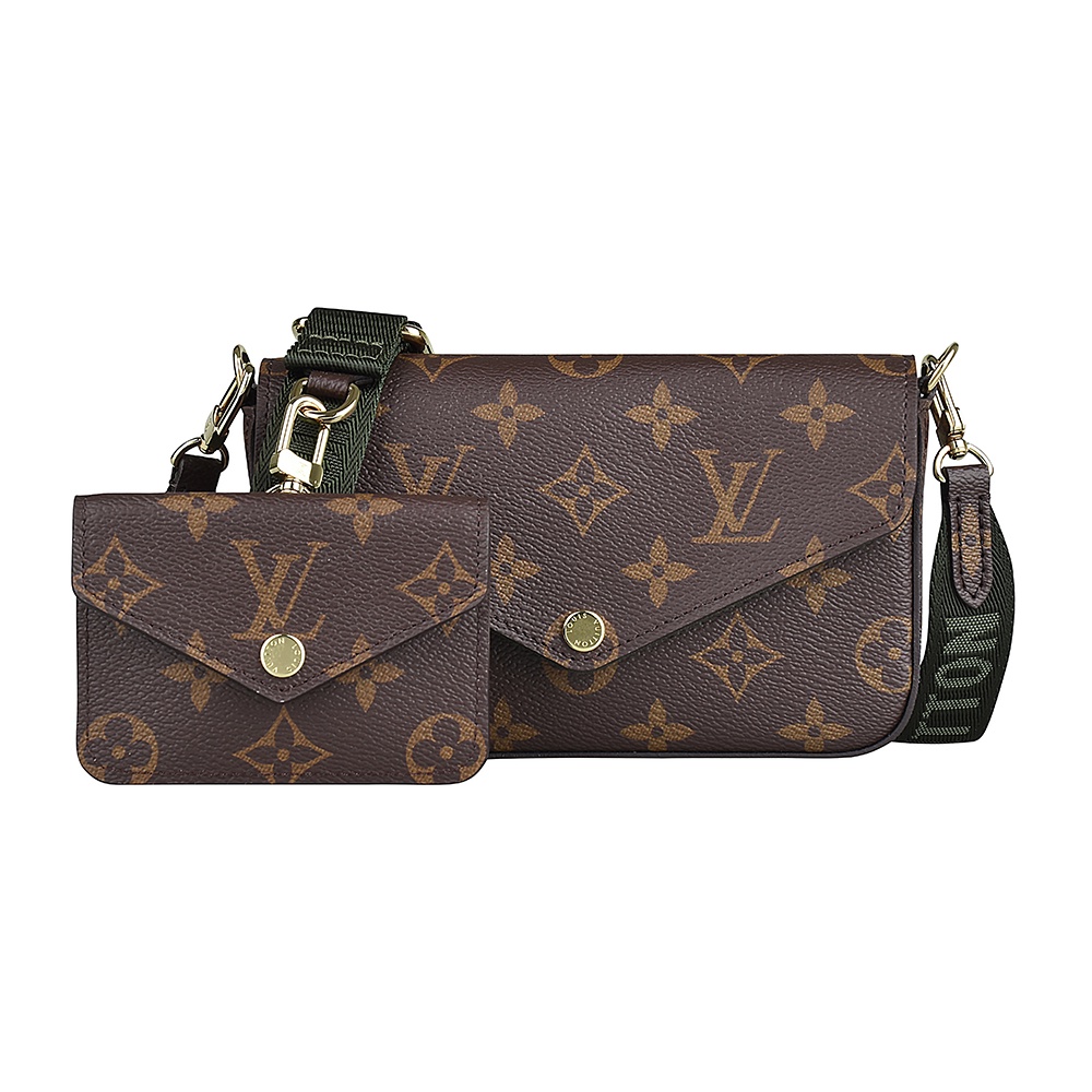 LV M80091 FELICIE STRAP &amp; GO金字LOGO Monogram帆布扣式斜背包(棕x卡其綠)