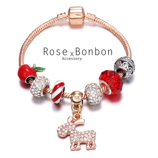 聖誕節手環手鍊 潘朵拉風格 鑲鑽麋鹿平安果吊墜串珠飾品 交換禮物Rose Bonbon