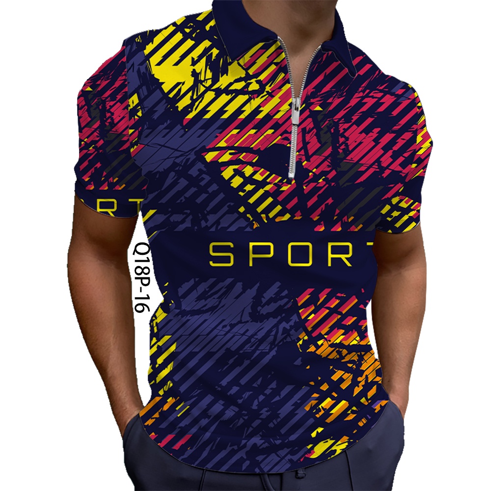 （工廠直銷）2023新款男士精品短袖polo衫3D數位列印運動風格T恤聚酯纖維舒適透氣上衣