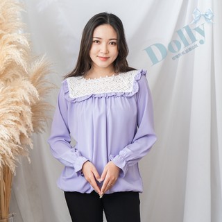 特價 台灣現貨 大尺碼ㄩ型花邊雪紡上衣(紫色)-Dolly多莉大碼專賣