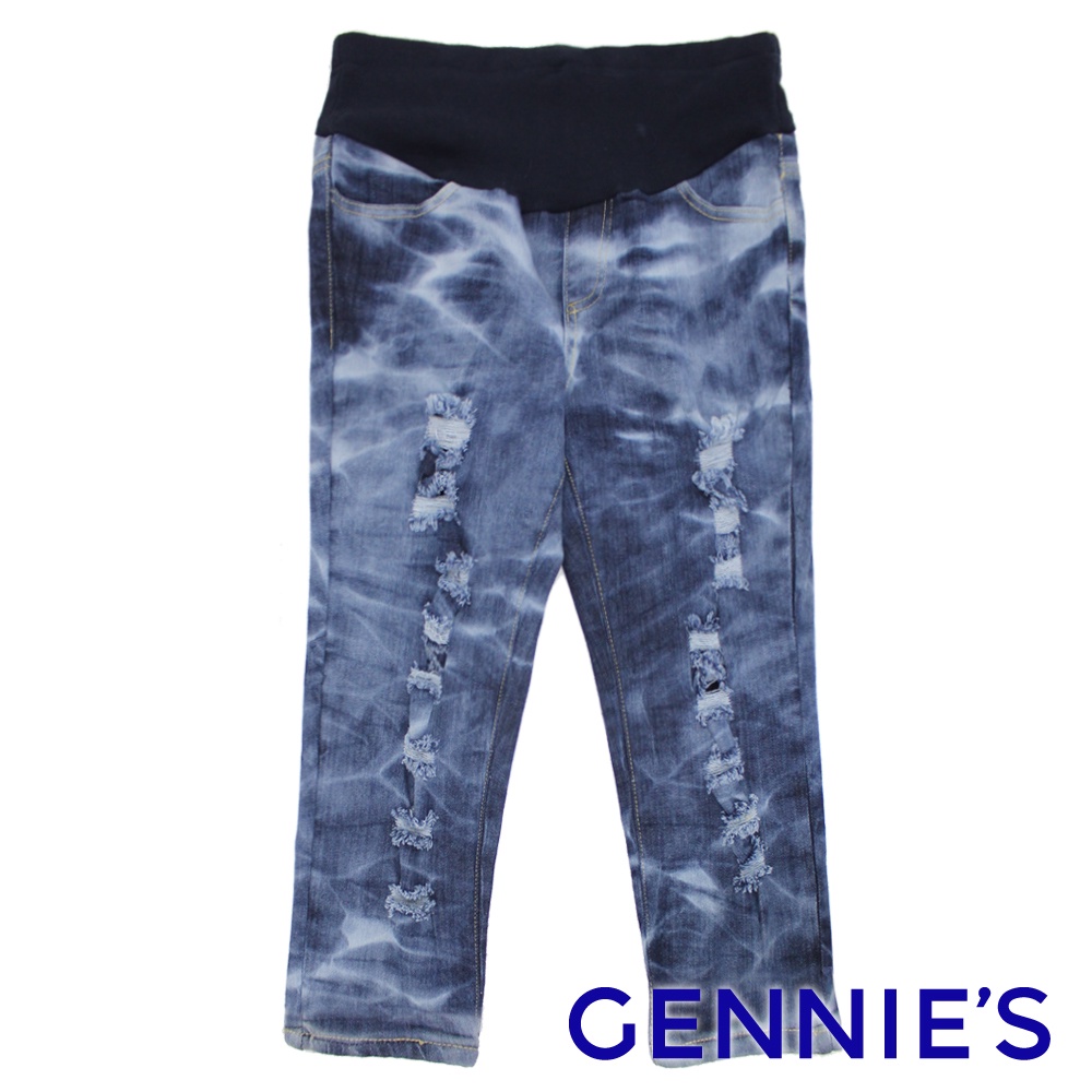 【Gennies 奇妮】水洗紋刷色抓破造型牛仔七分褲-藍/黑(G4118)