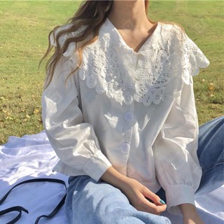 ✿法式別緻秋裝新款蕾絲大翻領泡泡長袖寬鬆襯衫女上衣#AJE