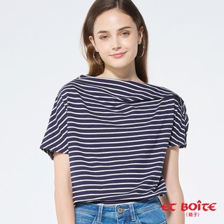 BLUE WAY 箱子 ET BOiTE-女款 高雅翻領黑白條紋短TEE