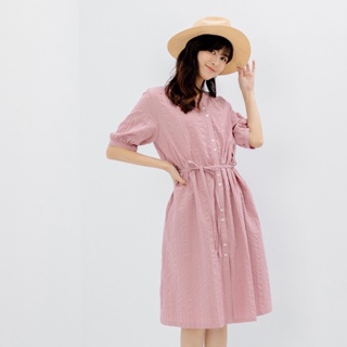 H:CONNECT 韓國品牌 女裝-純棉素色綁帶襯衫五分袖洋裝-粉