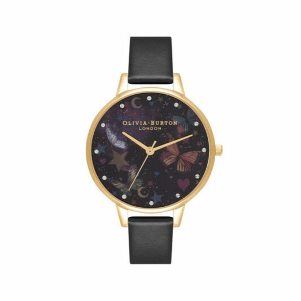 Olivia Burton Night Garden浪漫黑夜花園金殼黑皮帶腕錶-34mm(OB16WG82)