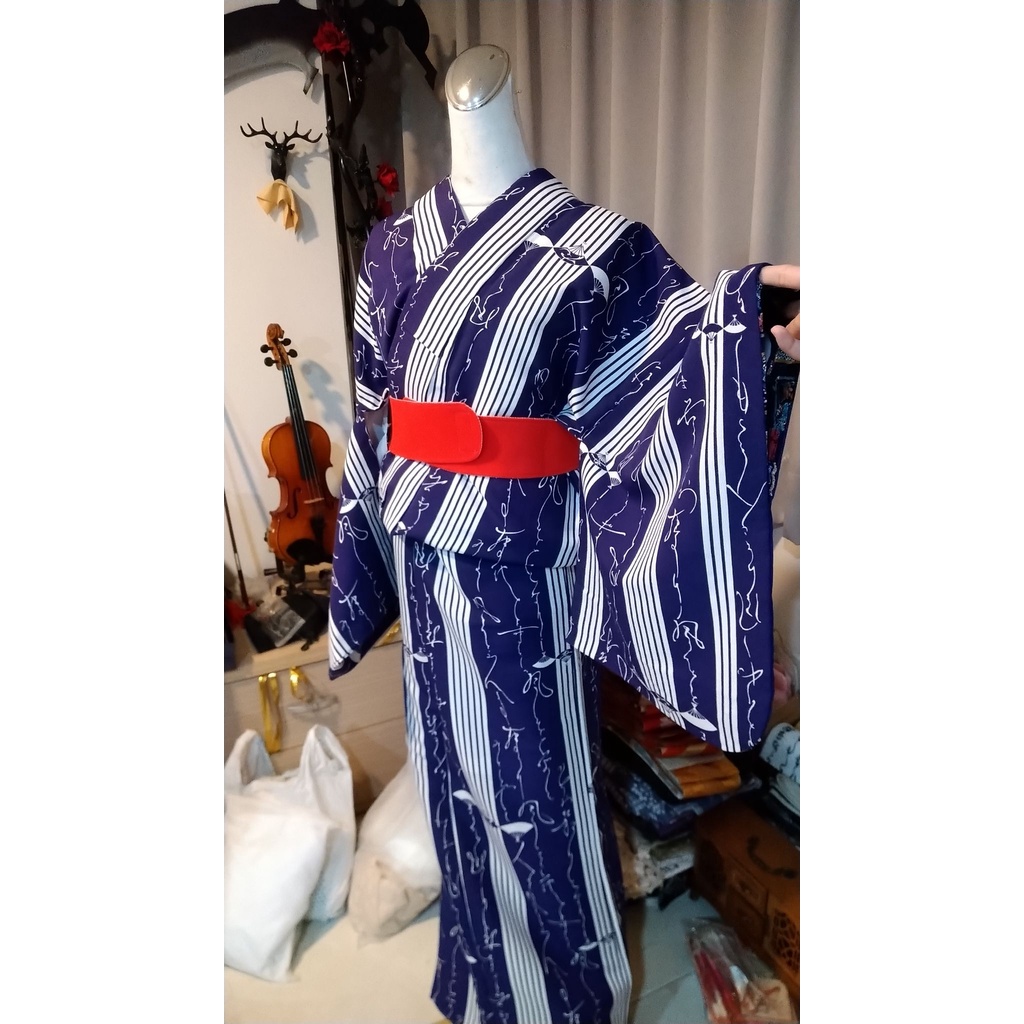 〈日本吳服/和服〉化繊/舞踊和服/短歌/扇子/藍紫色 日本原產 古著 墨府