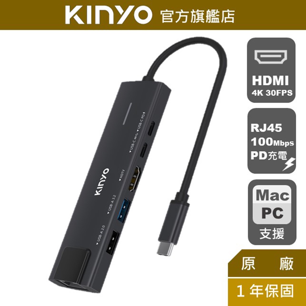 【KINYO】六合一多功能擴充座 (KCR) PD快充 RJ45 100Mbps高速乙太網路 HDMI 4K輸出