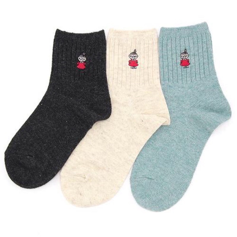 現貨 日本代購 Moomin 小不點 刺繡 襪子 女中筒襪 混羊毛 秋冬季 可愛 日系 低筒襪 保暖襪
