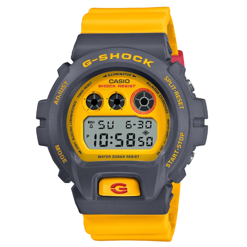 【CASIO 卡西歐】G-SHOCK 復古質感90年代原始色彩電子錶-灰黃(DW-6900Y-9 對錶 情侶錶)