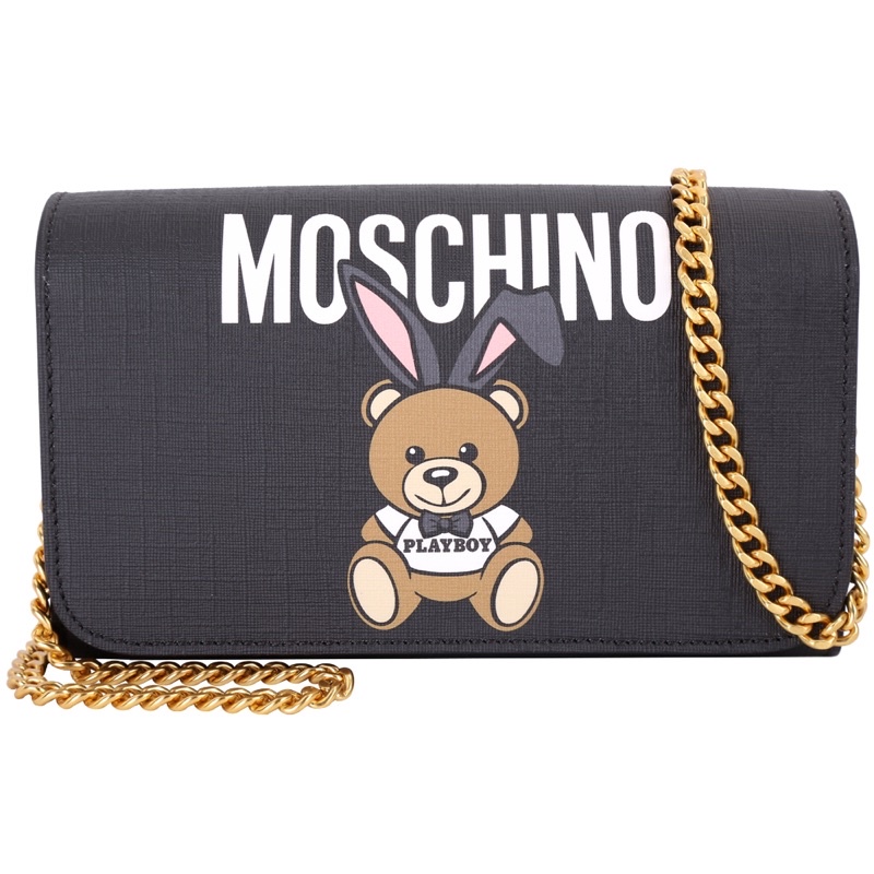 MOSCHINO Playboy 聯名款兔耳泰迪熊圖案皮夾/WOC/鍊帶包(黑色)