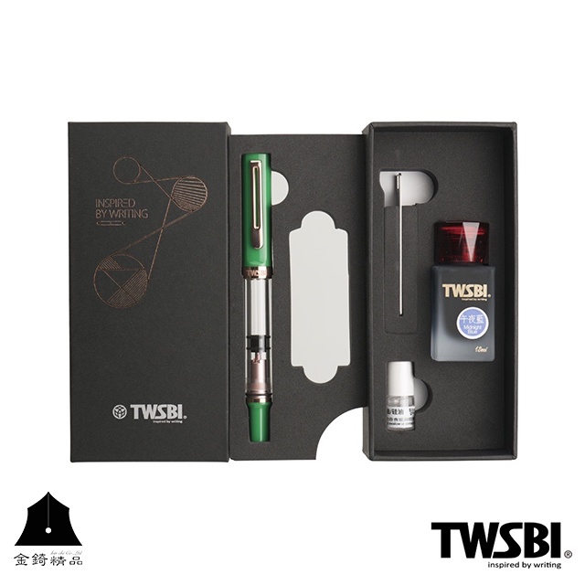 【TWSBI 三文堂】ECO T 系列鋼筆 綠翡翠玫金禮盒(含18ml午夜藍墨水)
