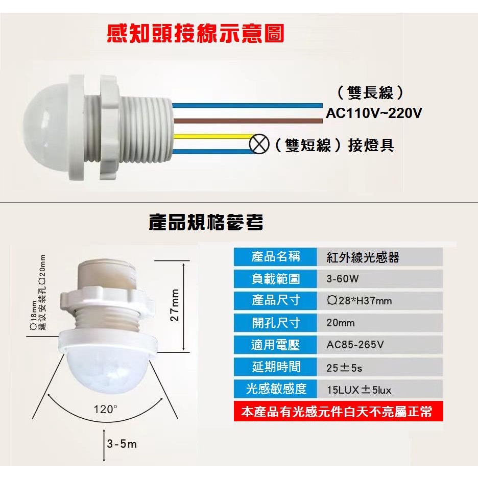 《樣樣型》附發票 紅外線人體感應器 110V 220V 節能省電光控開關 適用LED燈 全電壓 人體感應器開關探頭