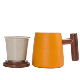 【現貨免運】茶水分離泡茶杯子 粗陶瓷家用 辦公室 木柄馬克杯 帶蓋過濾茶杯
