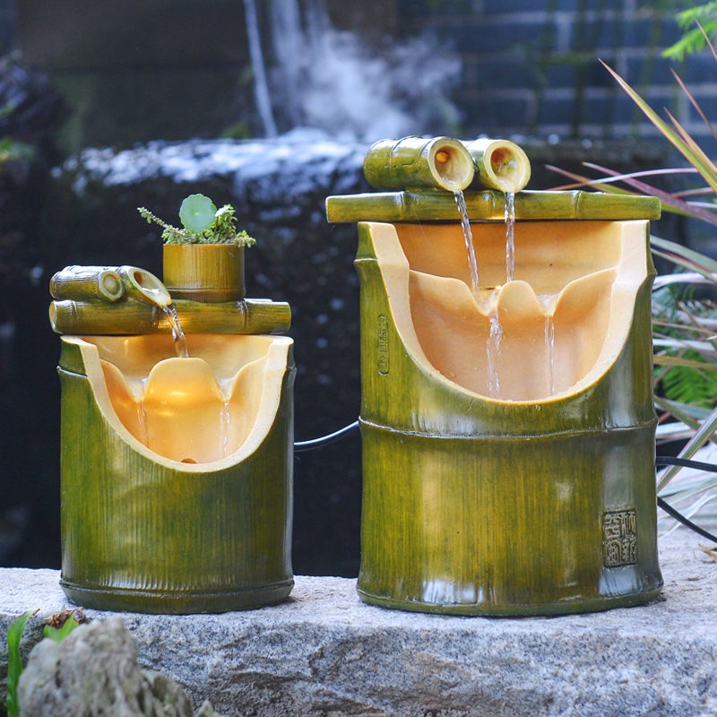 竹子流水擺件造景樹脂竹筒水流循環招財噴泉創意加濕器家居擺件品